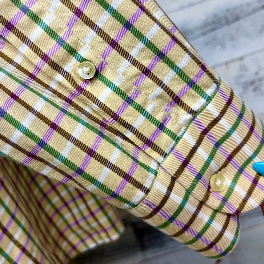 Peter Millar Tan Purple Plaid Shirt Size 2XL L/S Button Down Collar Casual Brown - Picture 7 of 12